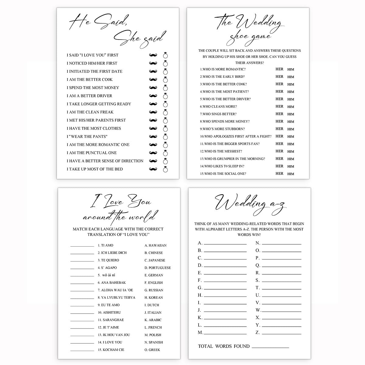 Bridal Shower Games Set - Wedding Shower Games for Guest, Bachelorette Party Ideas, Double Sided Game for Wedding Bridal Shower Engagement Bachelorette Anniversary Party