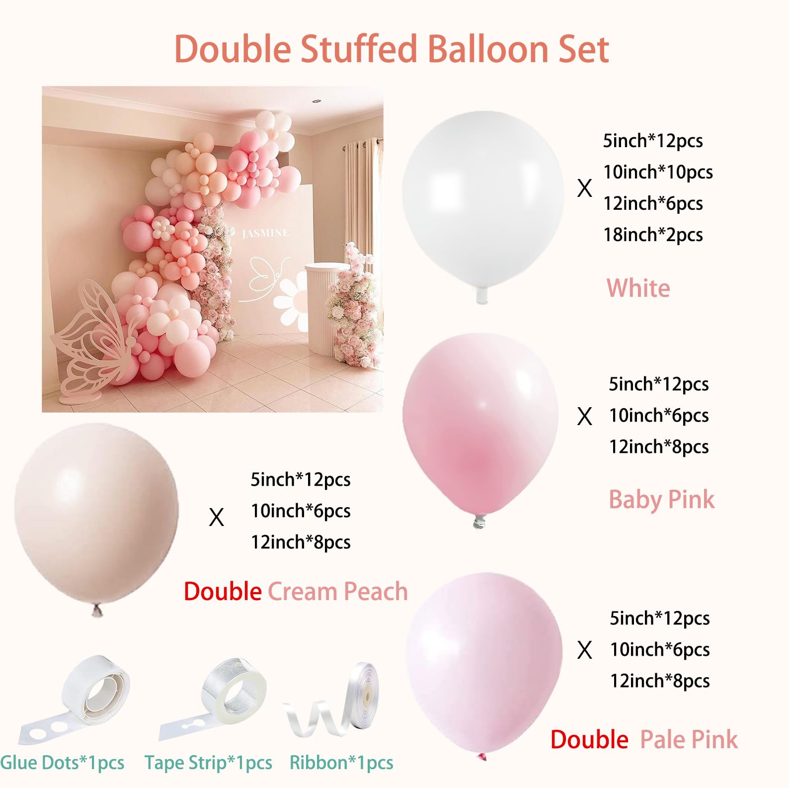 Pink Balloons Garland Arch Kit - Double Stuffed Matte Light Pink and White Cream Peach Latex Balloon Different Sizes 18 12 10 5In Boho Ballon for Baby Shower Party Decorations