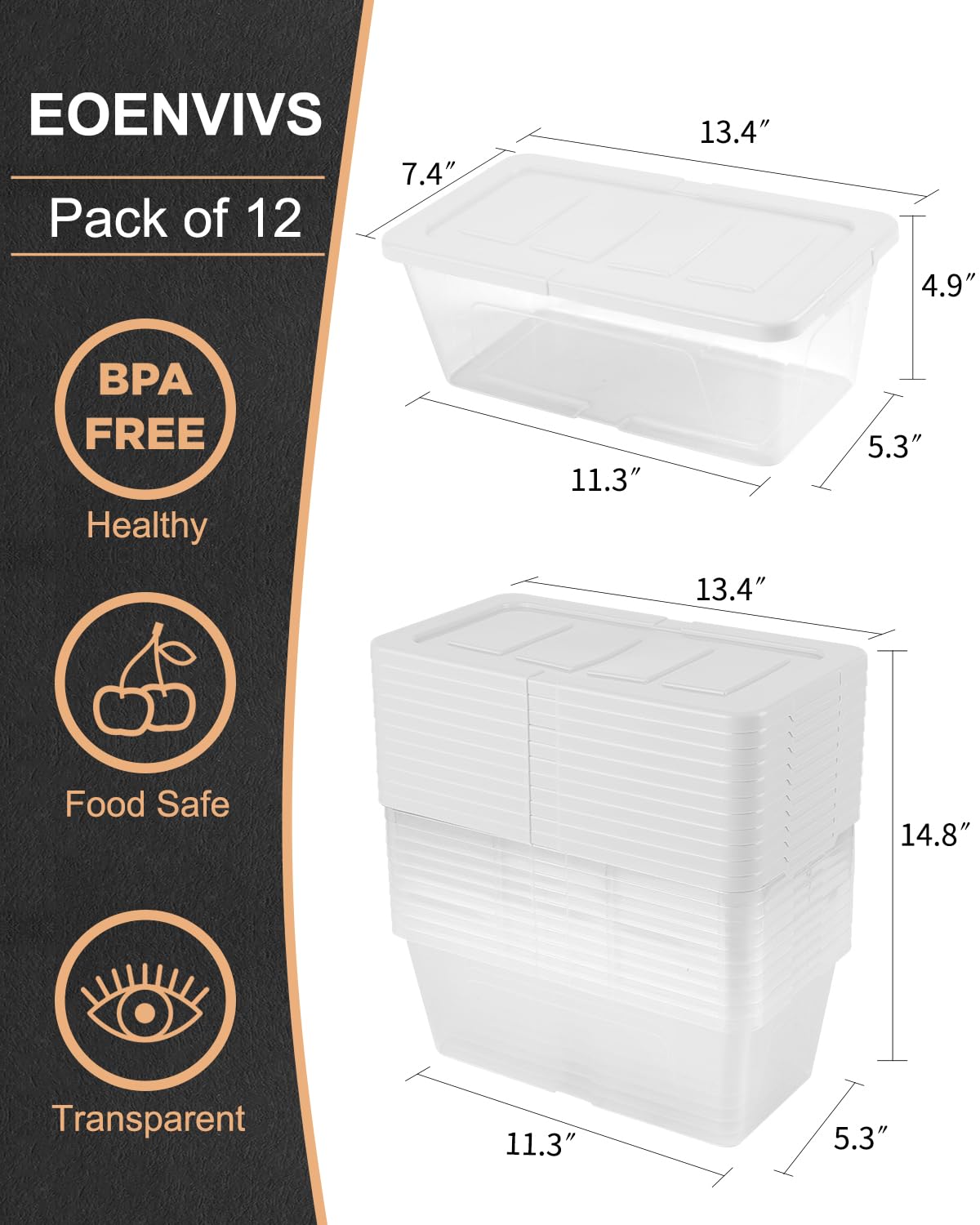 EOENVIVS Plastic Storage Bins with Lids, 12 Packs Set, Storage Boxes with Lids and Stackable Shoe Boxes For Organization, Clear Plastic Storage Containers For Closet Home Office, White