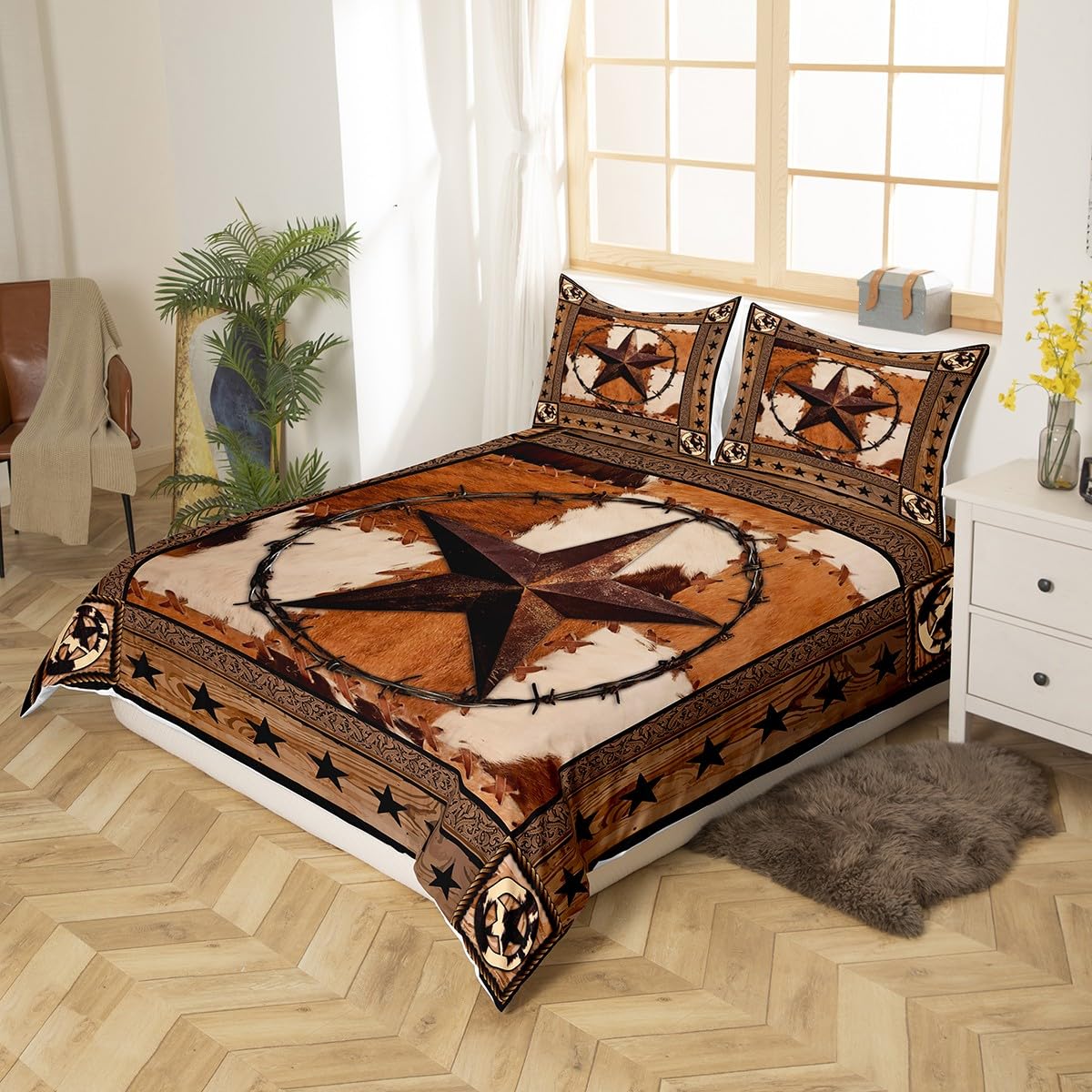 Western Texas Star Kids Duvet Cover Set King Size,Cow Fur Wooden Plank Bedding Set,Boys Girls Adults Room Decor,Rustic Farmhouse Western Cowboy Comforter Cover,Brown Retro Quilt Cover,2 Pillowcases