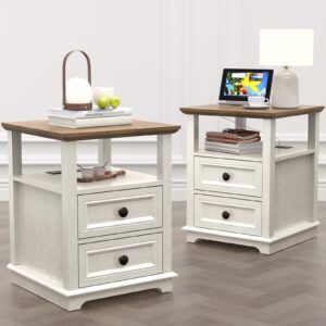 redayfur 24” tall nightstand with charging station set of 2, fast charge end table set of 2, large 18” bedside table with drawers, storage cabinet with open shelf for bedroom, white