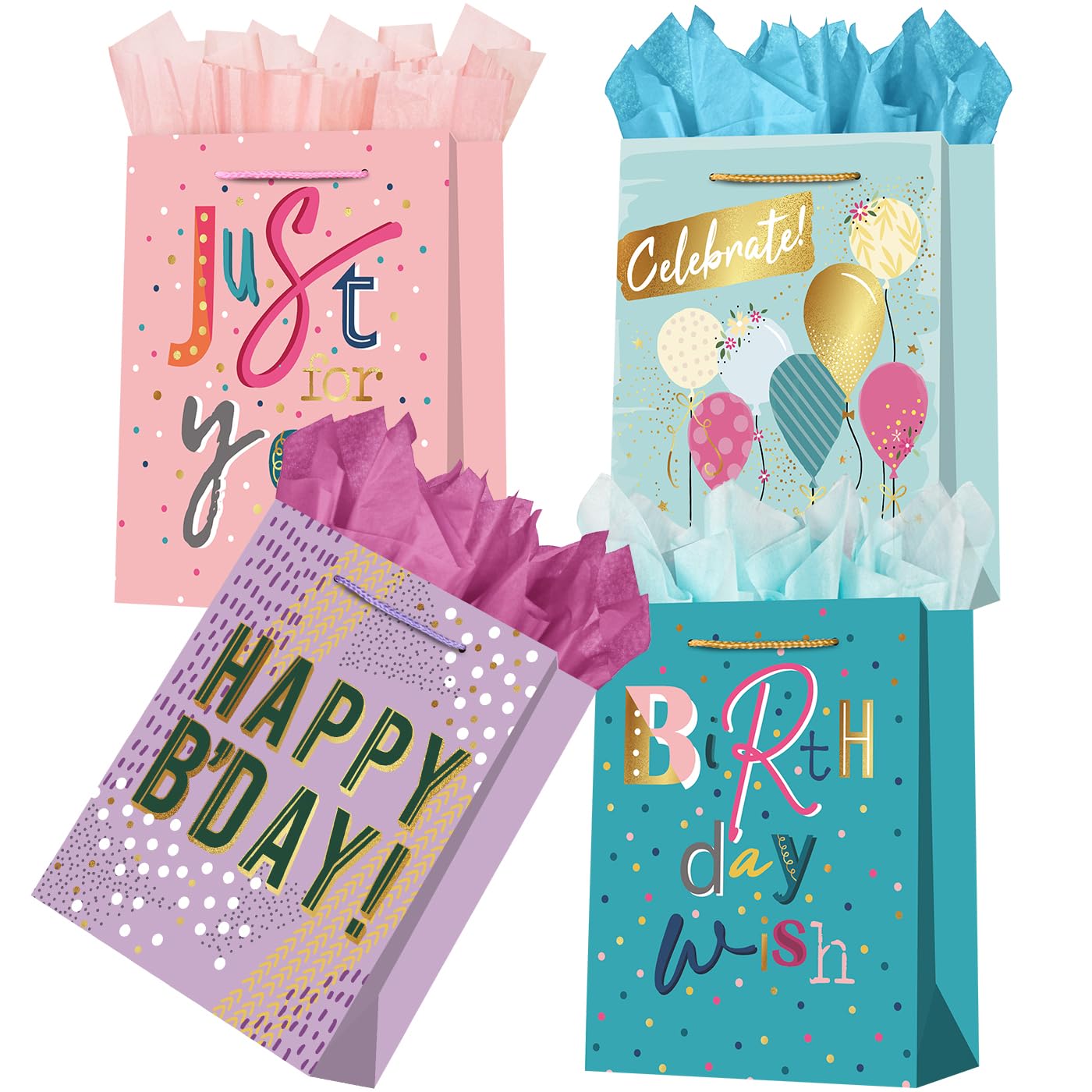 WLUSEAXI 4Pack Birthday Gift Bag with Tissue Paper,12.6×4.7×10.2 Inch Large Birthday Gift Bag with Handles,Happy Birthday Bags for Girls,Boys,Kids,Women’s Birthdays Party