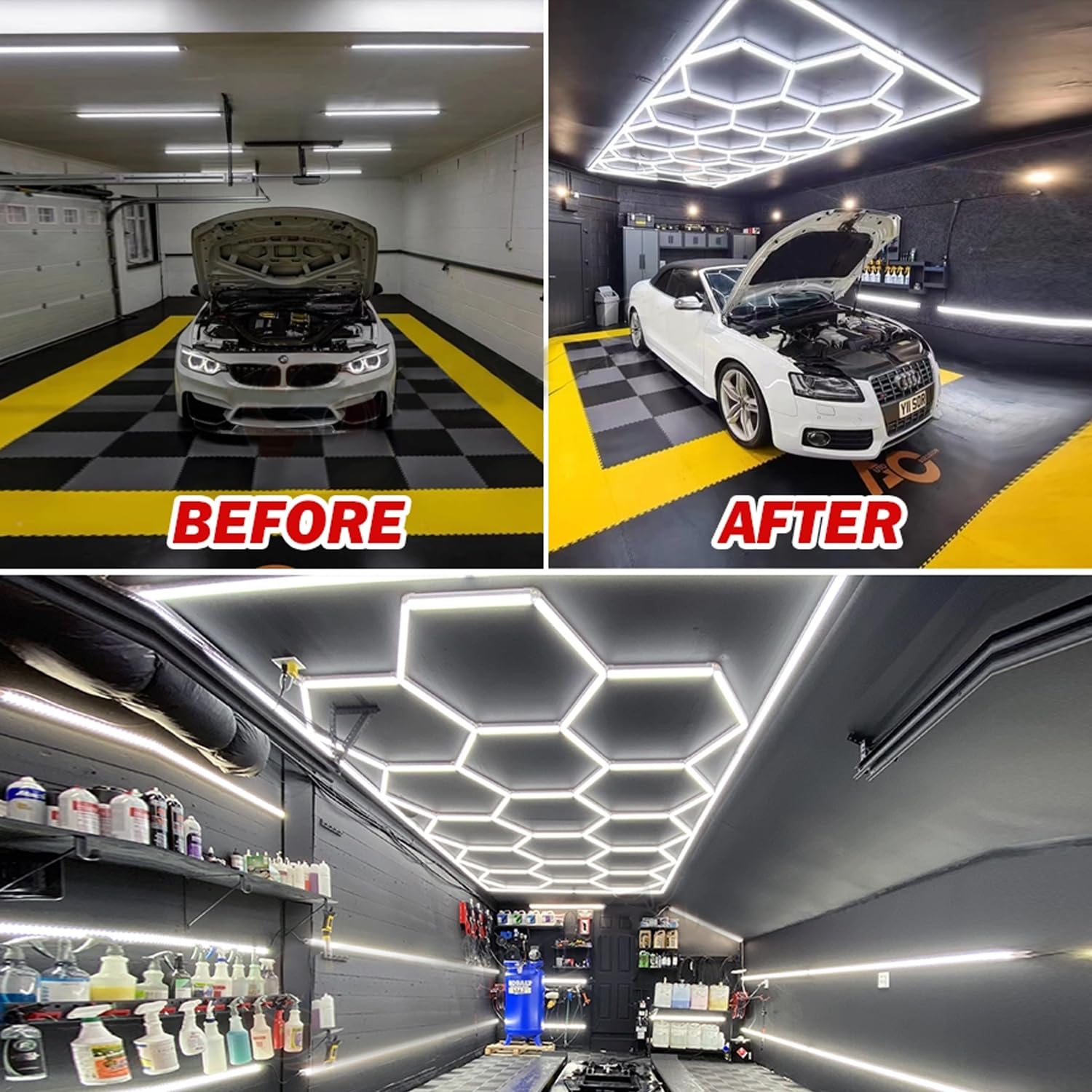 FAISHILAN Hexagon Lights: Higher Brightness 900W, 96,200 LM, 6,500K Hexagon Garage Lights with Rectangle Frame, Hexagon LED Lights 14 Grid for Garage, Shopping Mall, Workshop