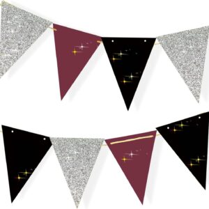 Graduation Decorations Maroon Black 2024/Burgundy Black Graduation Party Decorations/Burgundy Silver Black Triangle Banners 2pcs for Maroon Black Birthday Party Decorations Bridal Shower/Wedding