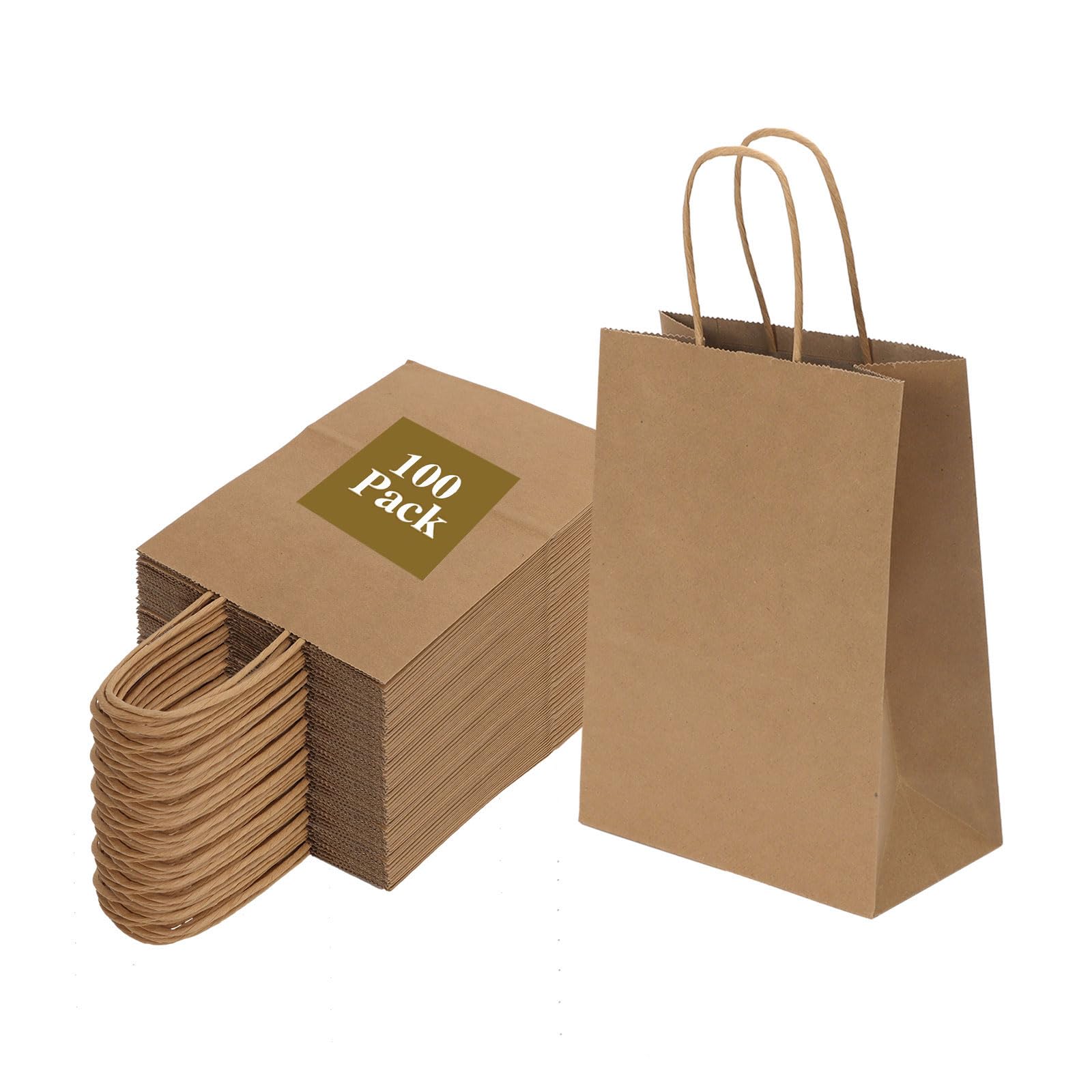 Joybe 100 Pack 6x3.25x8 Inch Small Brown Paper Bags with Handles Bulk, Kraft Paper Gift Bags for Birthday Party Favors Grocery Retail Shopping Business Goody Craft Sacks (Blank Plain Natural, 100pcs)