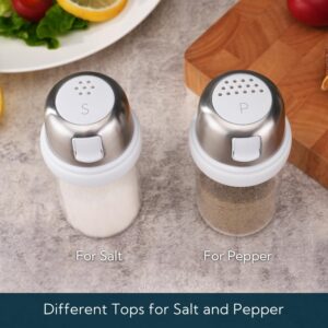 KTCHENDAO 2 in 1 Glass Salt and Pepper Shaker with Side Pour Spout, Built-in Lid for Moisture-proof, Elegant Borosilicate Glass Salt Pepper Dispenser set for Kitchen, BPA Free,4oz (White)