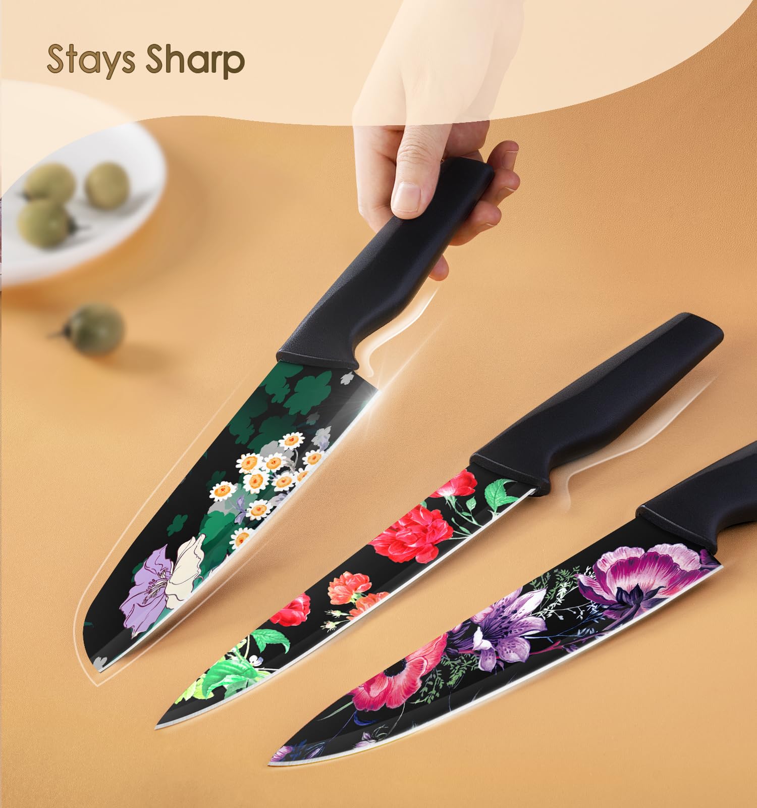 Astercook Knife Set, 12-Piece Flower Kitchen Knives Sets with Blade Guards, Dishwasher Safe, German High Carbon Stainless Steel, Perfect Gifts for Kitchen