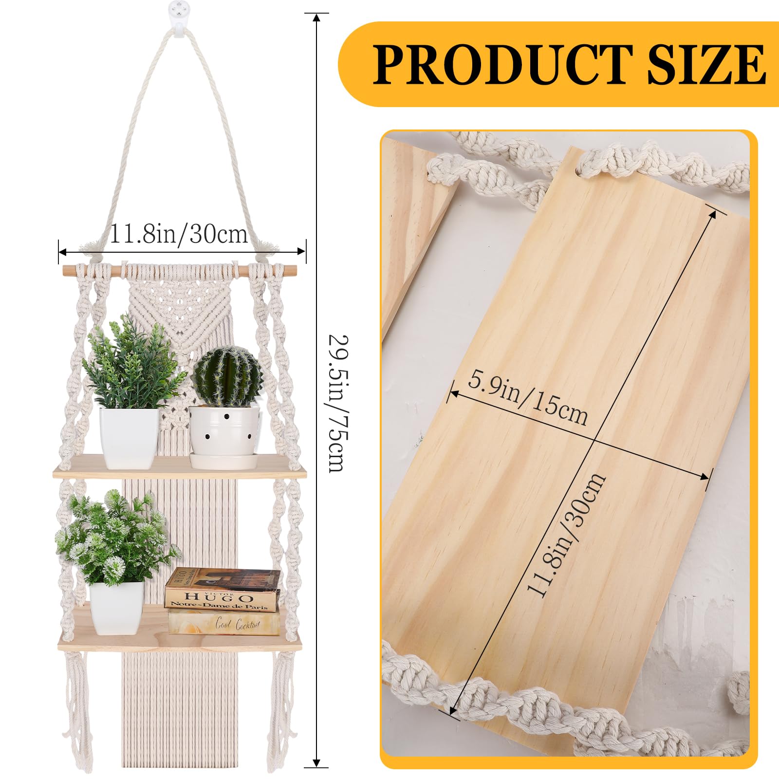 Barydat 2 Pack Macrame Wall Hanging Shelf 2 Tier Handmade Boho Hanging Wall Shelf Floating Woven Rope Hanging Shelves Decorative Storage Racks Holder Organizer for Home Bedroom Bathroom Plants, Beige