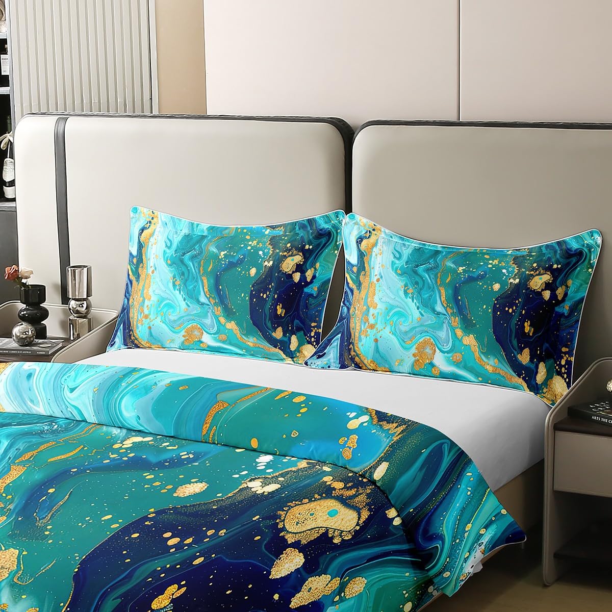 100% Organic Cotton Blue Marble Bedding Set Gold Glitter Fluid Art Duvet Cover Set Abstract Exotic Trippy Comforter Cover for Boys Girls Iridescent Marble Home Decor,Queen Size