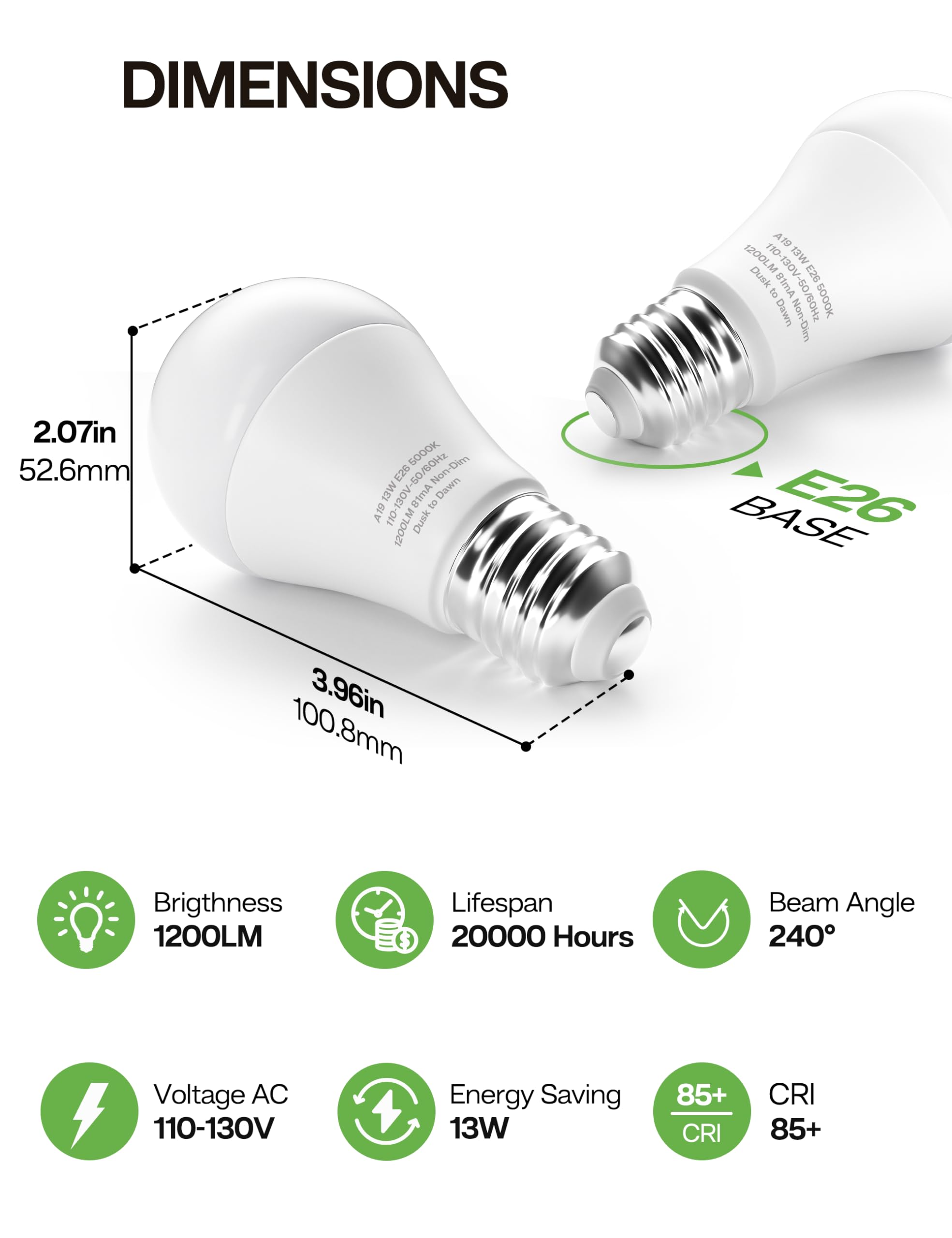 Eastiya Dusk to Dawn Sensor LED Outdoor Light Bulb, Daylight White 5000K, A19 13W(100 Watt Equivalent) Bright Porch Lighting, 1200LM, Auto-On/Off Photocell Sensor for Garage Yard Patio Garden-4 Pack