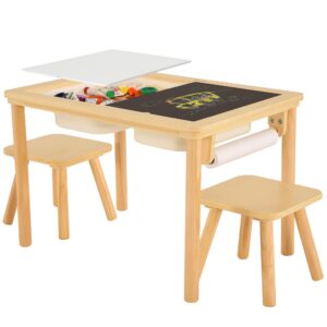 sensory table with 2 chairs & 1 roll paper, multifunction wooden sand and water table with double-side board & 2 foldable storage bins, activity game table, indoor outdoor use, for kids