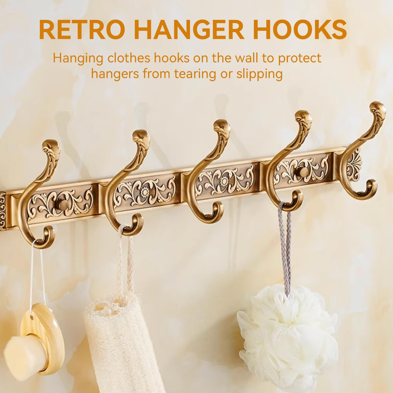 Coat Rack Wall Mounted, Aluminum Wall Hooks for Hanging with 5 Hooks Vintage Gold Wall Mount Coat Rack Key Holder for Wall Hallway