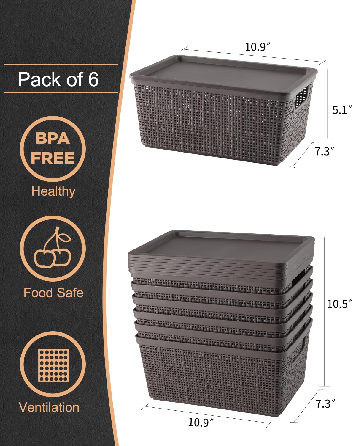 EOENVIVS Plastic Storage Baskets with Lids Kitchen Organizers and Storage Containers Organizer Bins Small Baskets for Shelves Drawers Desktop Closet Playroom Classroom Office, Brown, 6 Pack