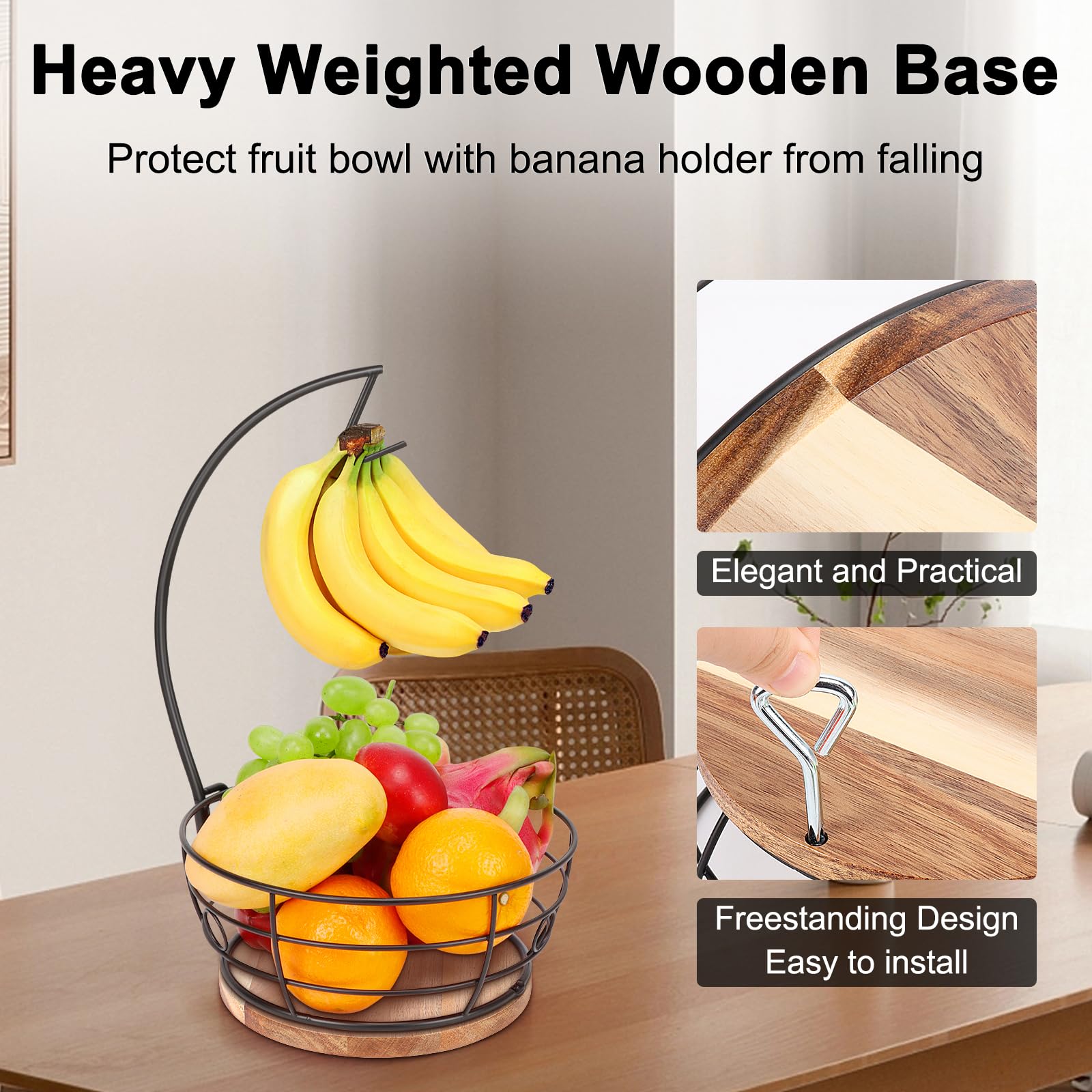 Livabber Countertop Fruit Basket Bowl with Banana Hanger, Modern Standing Fruit Vegetable Bowl Storage, with Banana Tree Holder for Kitchen Dinning Table (Round Wood, Black)