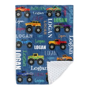 custom name blanket - personalized flannel bed blanket with double layer dotted backing - car monster truck tractor excavator train with multi-fonts name design for baby kids boys girls gifts color08