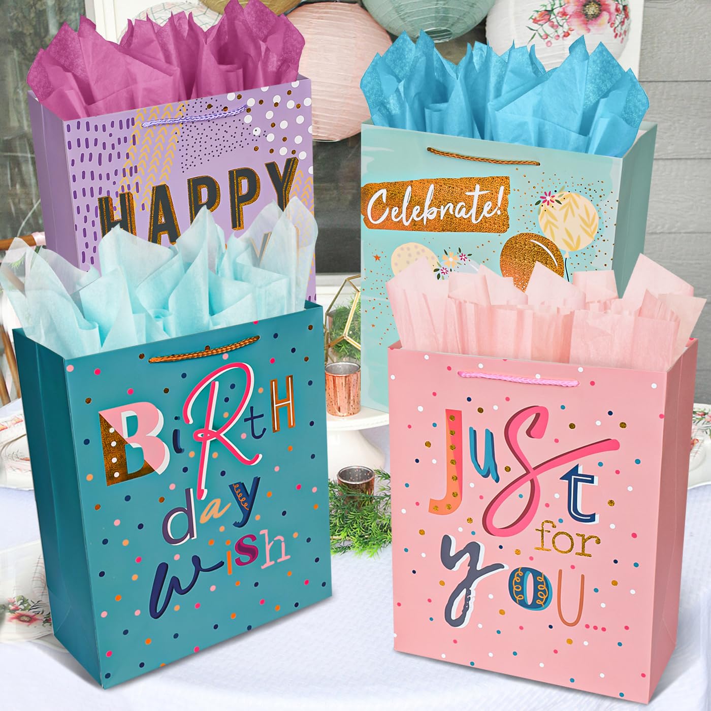 WLUSEAXI 4Pack Birthday Gift Bag with Tissue Paper,12.6×4.7×10.2 Inch Large Birthday Gift Bag with Handles,Happy Birthday Bags for Girls,Boys,Kids,Women’s Birthdays Party