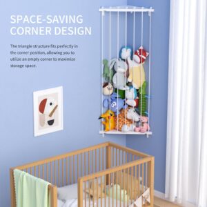 Befayoo Corner Stuffed Animal Storage Organizer - Kids Stuffed Animal Holder with Length Adjustable - Wall Plush Storage for Nursery Playroom Bedroom (White)