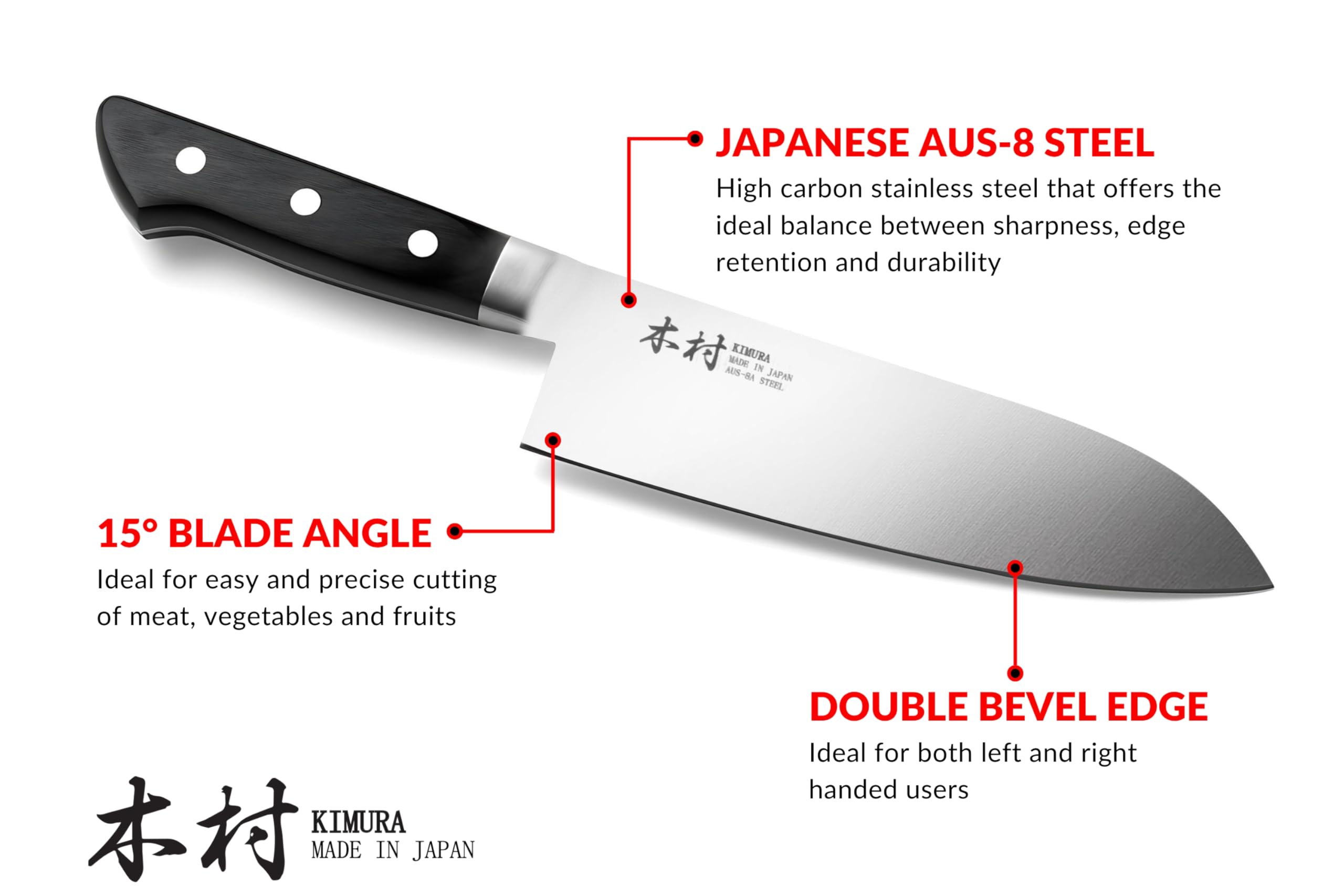 Kimura Santoku Knife, [Made in Japan], 7 inch Professional Chef Knife, Sharp High Carbon Molybdenum Vanadium Stainless Steel, Kitchen Knife with Ergonomic Pakka Wood Handle - Japanese Chef's Knives