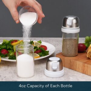 KTCHENDAO 2 in 1 Glass Salt and Pepper Shaker with Side Pour Spout, Built-in Lid for Moisture-proof, Elegant Borosilicate Glass Salt Pepper Dispenser set for Kitchen, BPA Free,4oz (White)