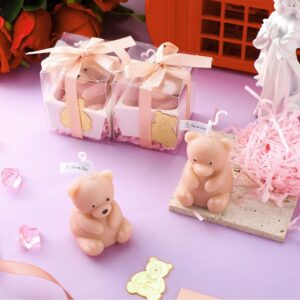 MTLEE 36 Pcs Baby Shower Favors Includes 12 Bear Candles with 12 Bear Shaped Acrylic Cards and 12 Clear Gift Boxes Filled with Raffia Grass for Baby Shower Gifts Birthday Gift Wedding(Pink)