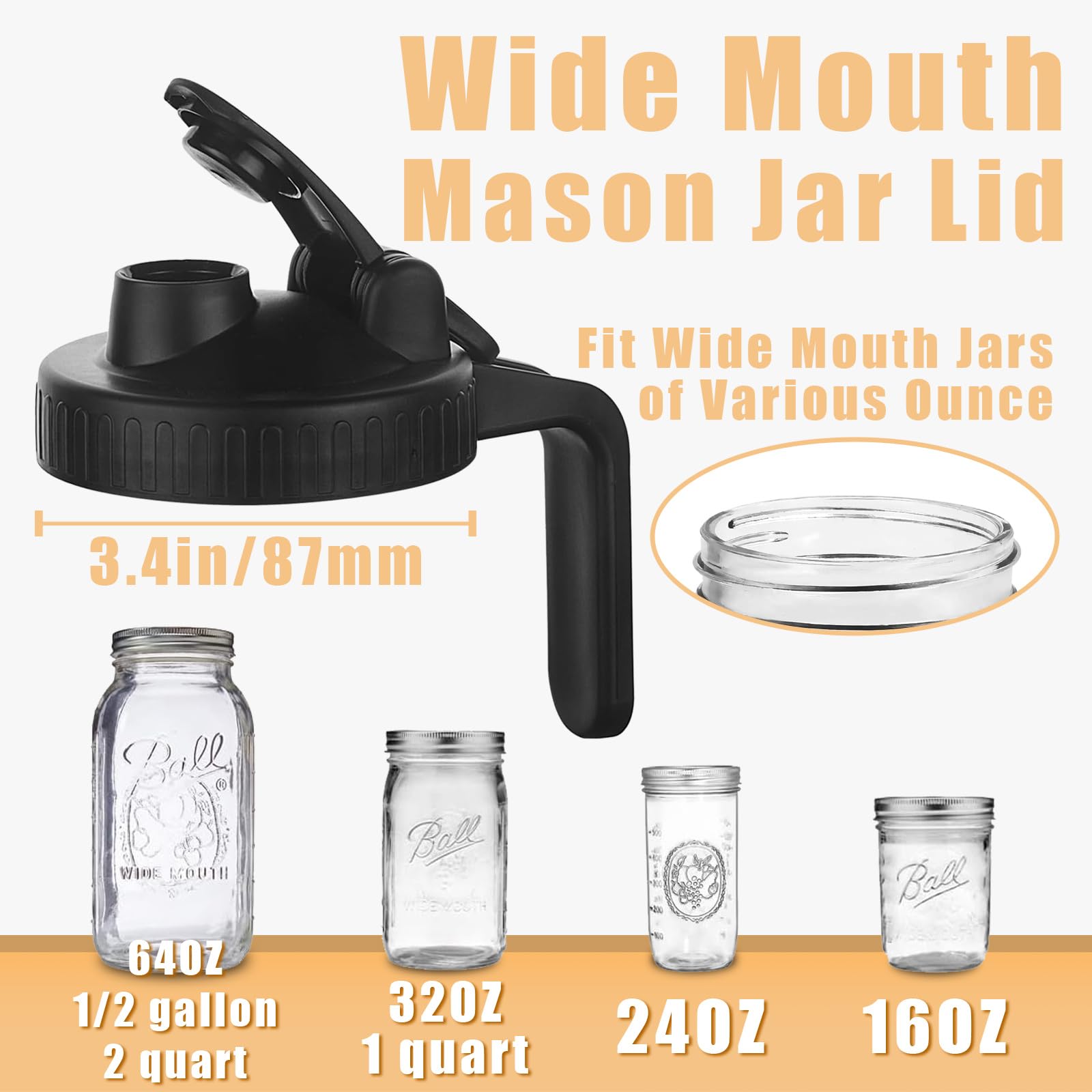 Mason Jar Pour Spout Lid for Wide Mouth Mason Jars, Mason Jar Pitcher Flip Cap Airtight Handle Lid, Leak Proof Seal Cover, Pack of 2