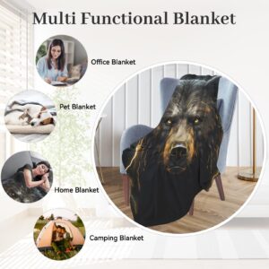 Huke Bear Gifts Blanket, Cool Black Gold Fire Lightning Bear Blanket, Bear Gifts for Adults/Kids/Students, Cool Animal Print Throw Blanket, Plush Bear Throw Blanket,60"X50"