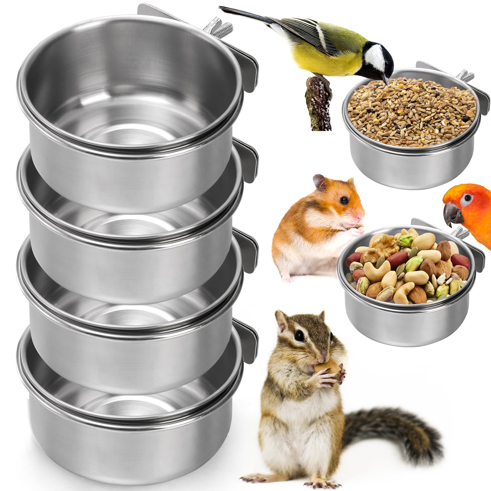 Okllen 4 Pack Bird Feeding Dish Cups, Detachable Stainless Steel Bird Food Bowls with Clamp, Bird Cage Feeder Hanging Pet Bowl for Chinchilla Parrot Cockatiel Conure Budgies Parakeet Small Animal