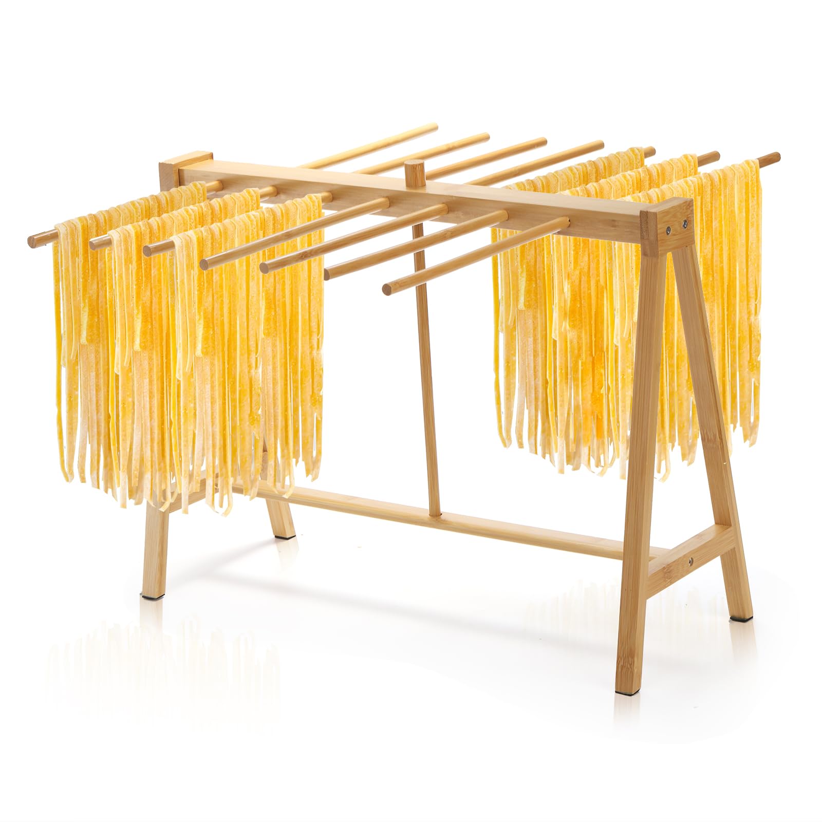 Pumtus Bamboo Pasta Drying Rack, Noodle Dryer Stand with Transfer Wand and 14 Bars, Stable Household Spaghetti Hanger, Lasagna Noodle Drying Rack for Kitchen and Cooking