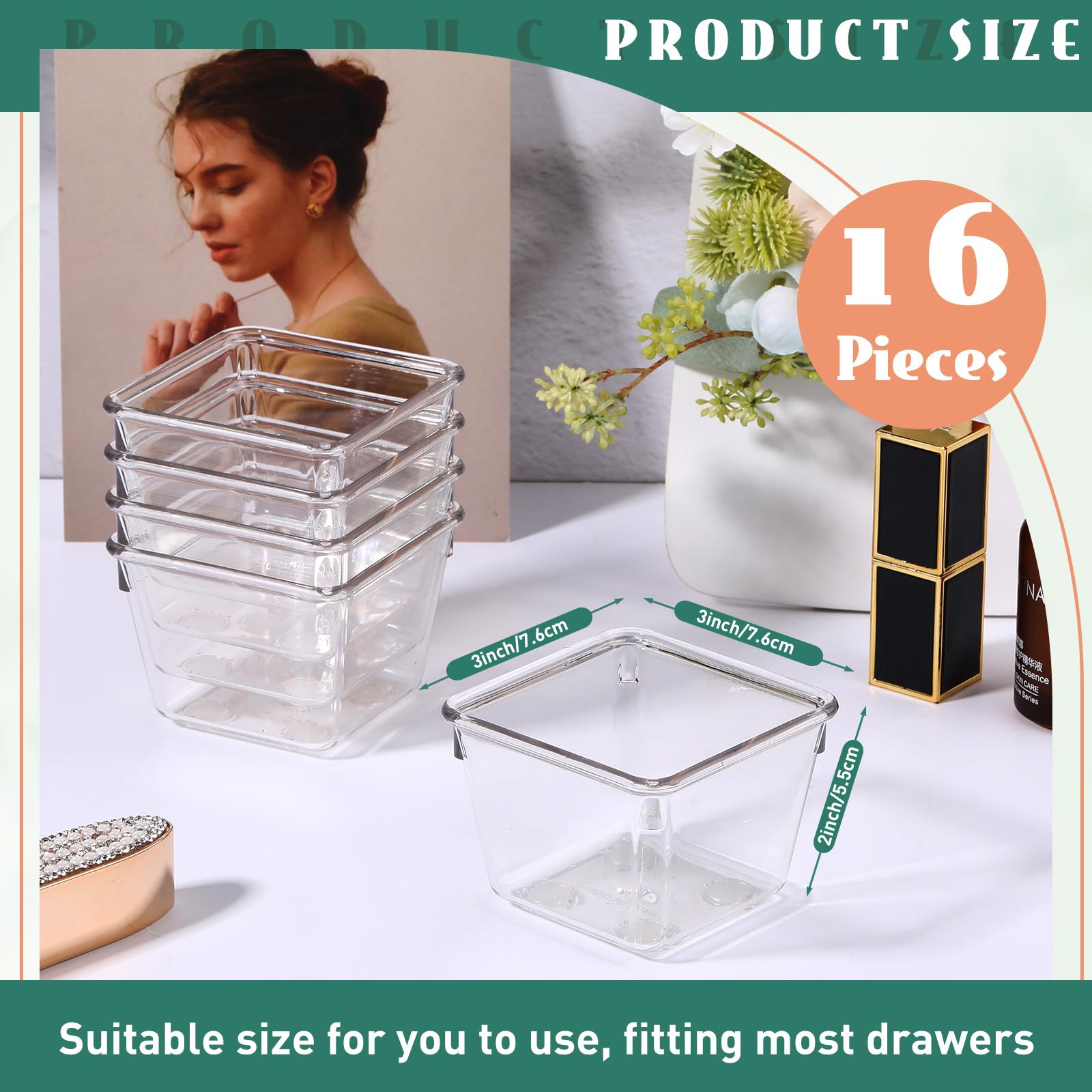 Tioncy 16 Pcs Clear Drawer Organizers 3" x 3" x 2" Stackable Small Makeup Vanity Storage Bins Small Desk Drawer Organization Clear Container Dividers for Makeup Vanity Office Bathroom Kitchen Utensil