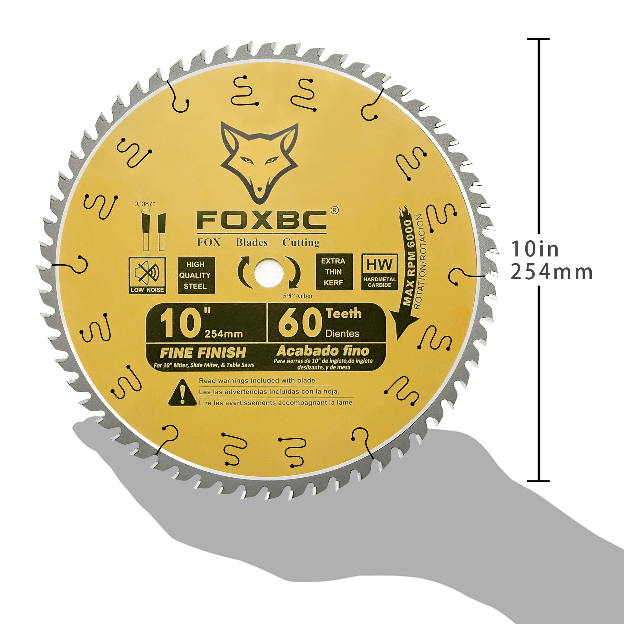 FOXBC 10 Inch Thin Kerf Fine Finish Crosscut Table Saw Blade, 60-Tooth ATB, with 5/8-Inch Arbor