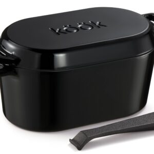 KooK Dutch Oven, Oven for Sourdough Bread Baking, with Lid, Dual Handles, Enameled Cast Iron, includes Lid Lever, Great for Baking Bread, Cooking and Roasting, Dishwasher Safe, 3.4 Qt, Black