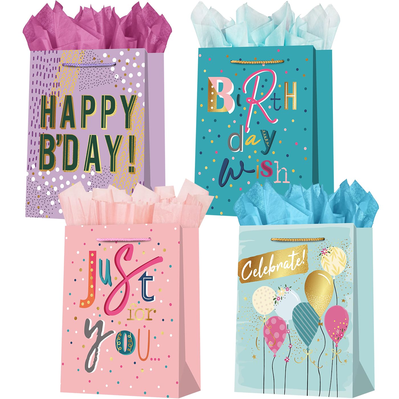 WLUSEAXI 4Pack Birthday Gift Bag with Tissue Paper,12.6×4.7×10.2 Inch Large Birthday Gift Bag with Handles,Happy Birthday Bags for Girls,Boys,Kids,Women’s Birthdays Party