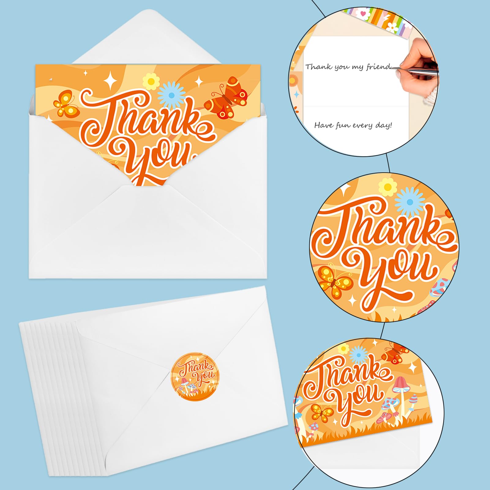 Qpout 24 Pack Groovy Retro Hippie Thank You Cards Boho Rainbow Flower Greeting Cards with White Envelops and Matching Sealing Stickers for Thanksgiving Birthday Thank You Theme Party Supplies