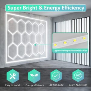 FAISHILAN Hexagon Lights: Higher Brightness 900W, 96,200 LM, 6,500K Hexagon Garage Lights with Rectangle Frame, Hexagon LED Lights 14 Grid for Garage, Shopping Mall, Workshop