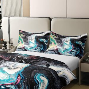 Erosebridal 100% Natural Cotton Black Marble Bedding Set King Psychedelic Bedding Black Blue Teal Marble Texture Abstract Soft Breathable Duvet Cover Set for Boys Girls