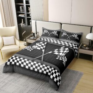 Castle Fairy 100% Nature Cotton Race Car Themed Duvet Cover Set Stripes Geometric Honeycomb Comforter Cover Set Twin Size with 1 Pillowcase Black White Checkered Flag Print Bedding Set