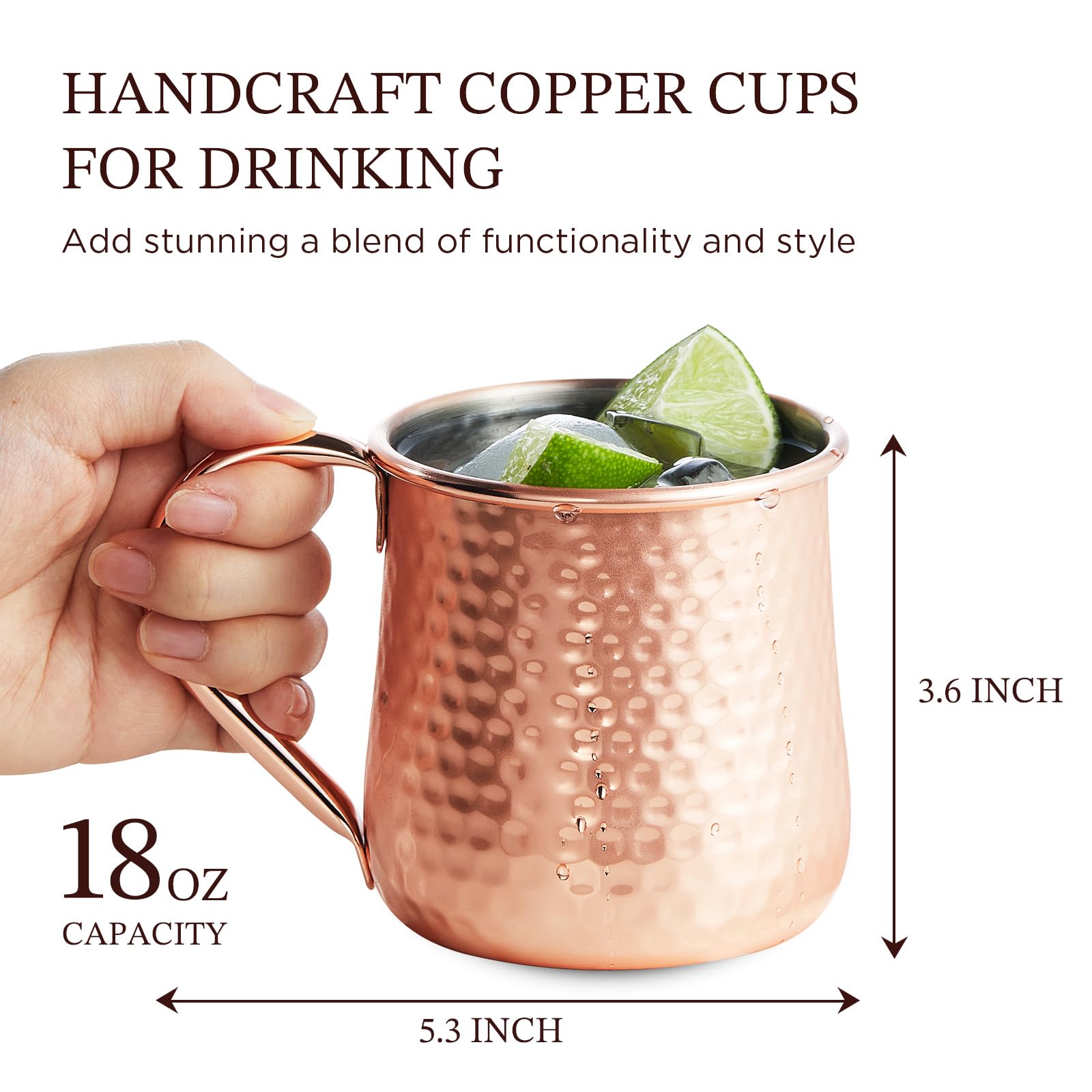 KITESSENSU Moscow Mule Mugs Set of 4 | 18 oz Hammered Copper Mugs Keep Cocktails Well-chilled | Copper Cups for Drinking Cocktails