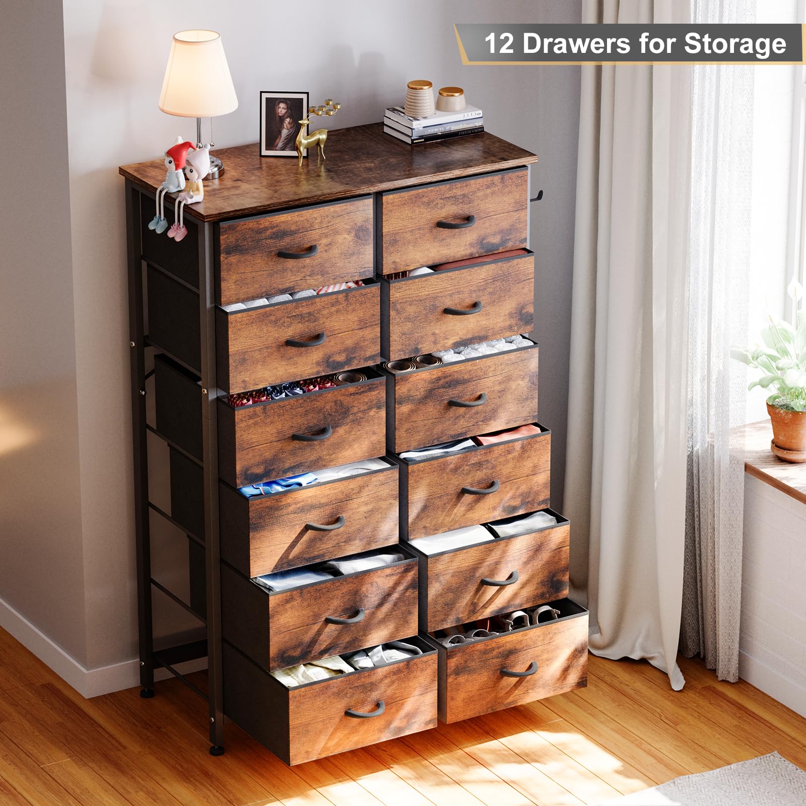 YaFiti Dresser for Bedroom, 12 Drawers with Wooden Top, Fabric Bins, Hooks and Metal Frame, Tall Chest of Drawers for Living Room, Hallway, Rustic Brown