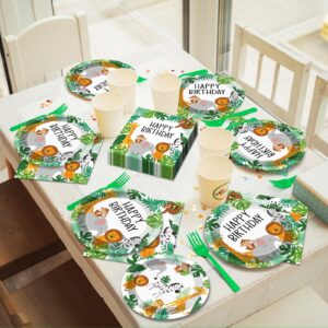 96PCS Jungle Birthday Party Plates and Napkins Safari Animals Birthday Party Decorations for 24 Guests Jungle Theme Birthday Party Tableware Set Serves Wild Animals Gold Safari Zoo Birthday Supplies