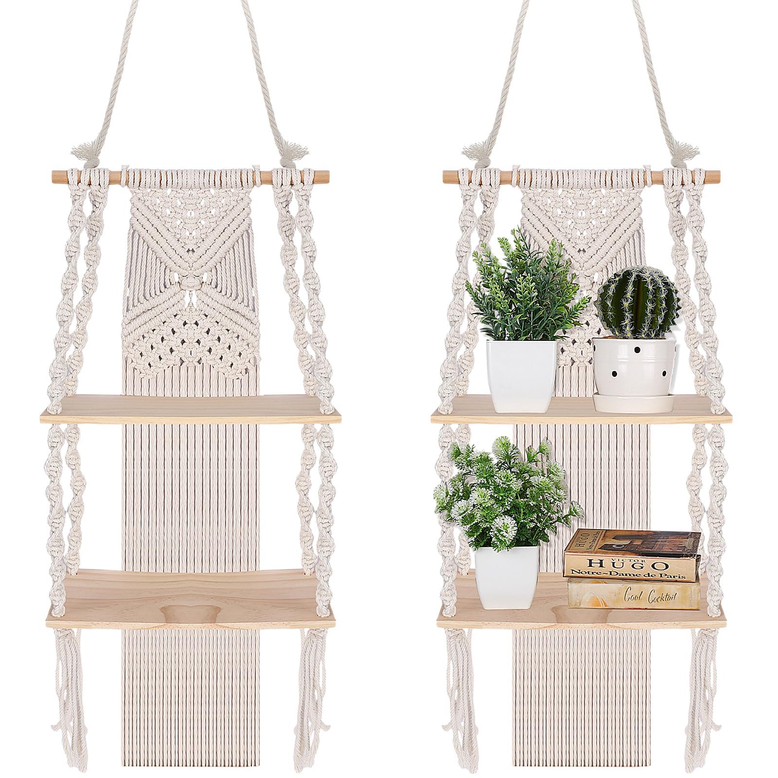 Barydat 2 Pack Macrame Wall Hanging Shelf 2 Tier Handmade Boho Hanging Wall Shelf Floating Woven Rope Hanging Shelves Decorative Storage Racks Holder Organizer for Home Bedroom Bathroom Plants, Beige