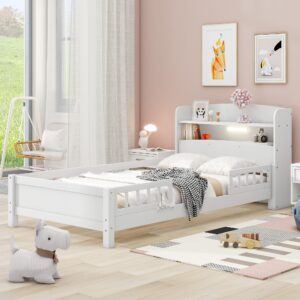 BestLM Wood Twin Size Platform Bed with Built-in LED Light, Storage Headboard and Safety Guardrail for Kids Teens Boys Girls, No Box Spring Needed, White