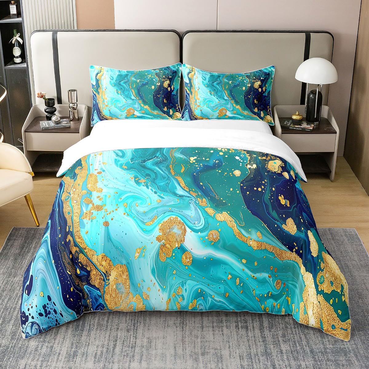 100% Organic Cotton Blue Marble Bedding Set Gold Glitter Fluid Art Duvet Cover Set Abstract Exotic Trippy Comforter Cover for Boys Girls Iridescent Marble Home Decor,Queen Size