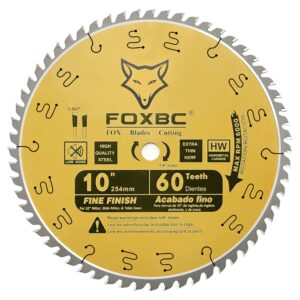 foxbc 10 inch thin kerf fine finish crosscut table saw blade, 60-tooth atb, with 5/8-inch arbor