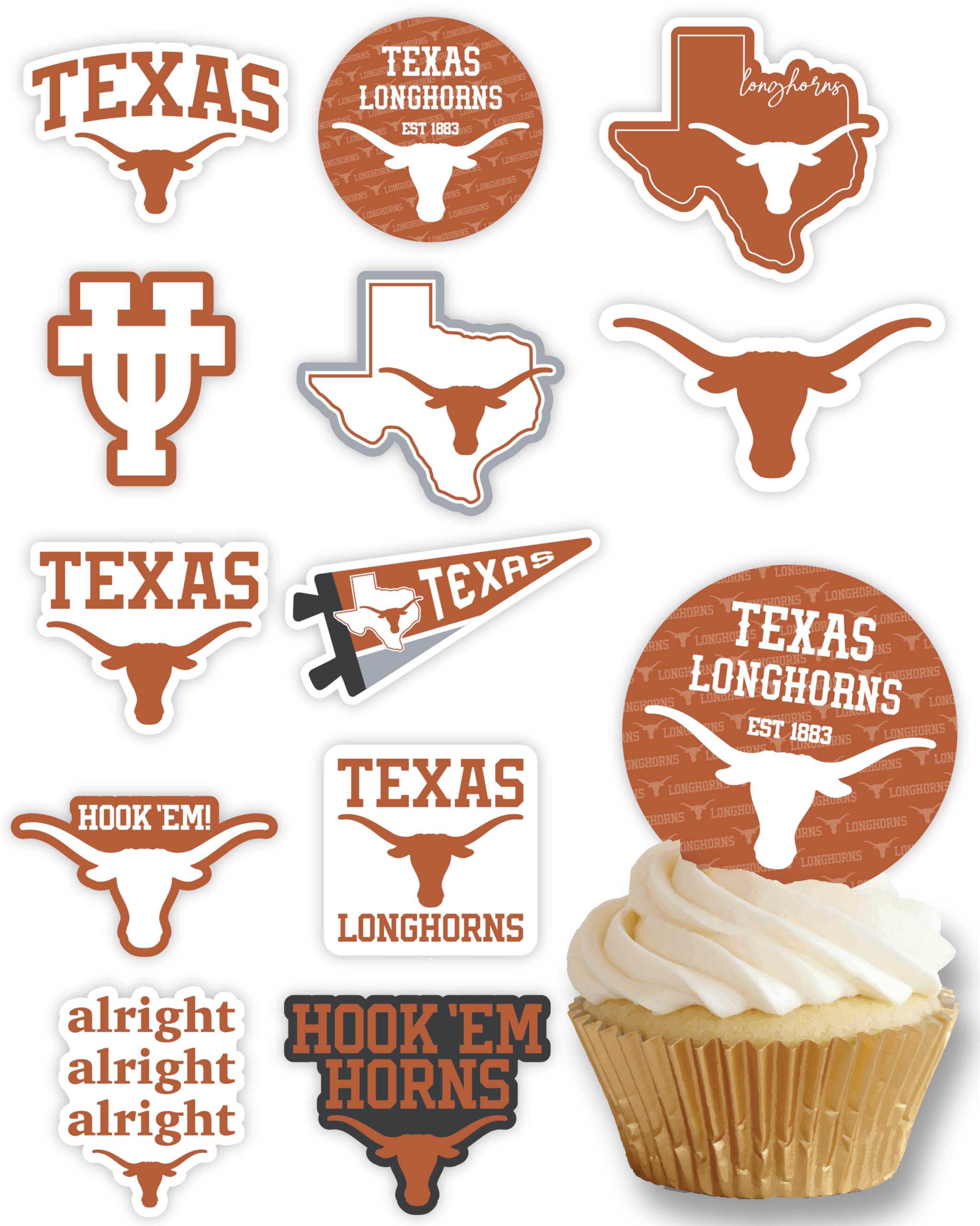 Texas Longhorns Cupcake Toppers (24 Pcs) University of Texas Longhorns Party Supplies for UT Austin Football, Birthday Gift, Graduation Party Decorations (Texas Longhorns)