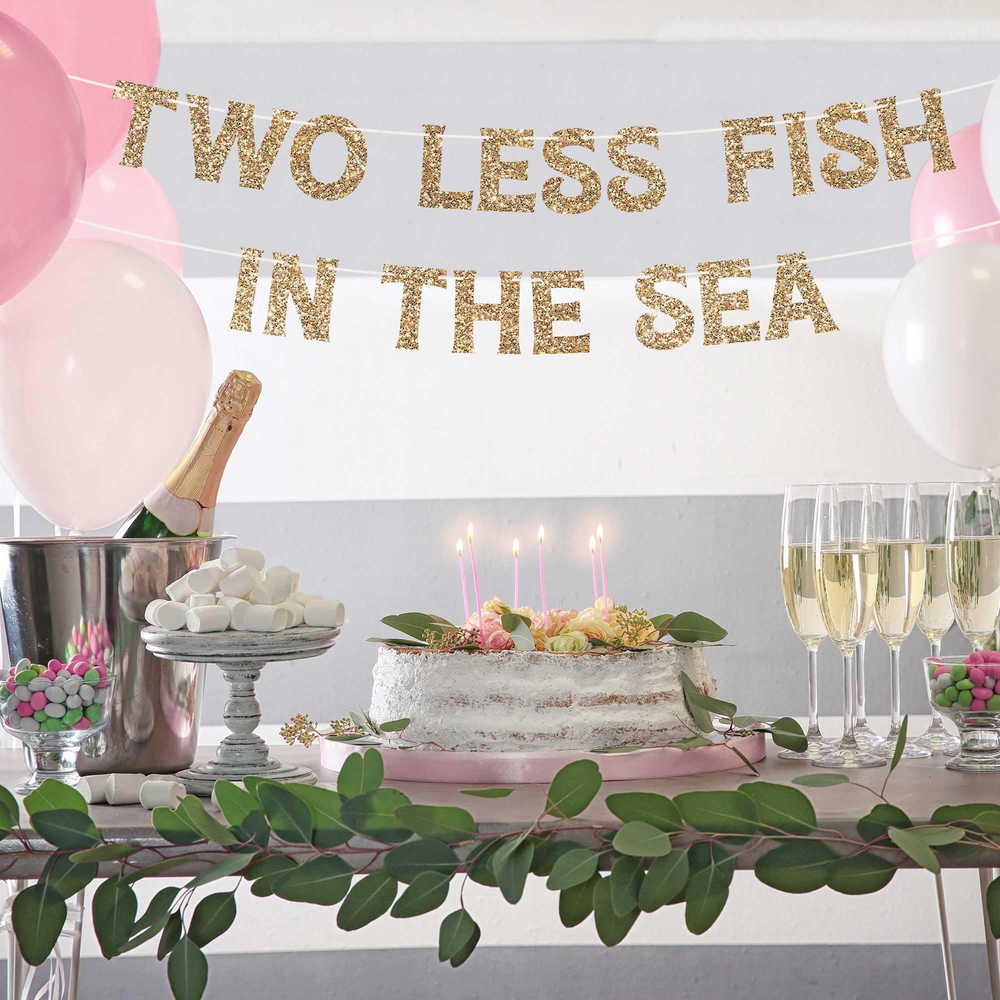 Pre-Strung Two Less Fish In The Sea Banner - NO DIY - Gold Glitter Bachelorette Bridal Party Banner - Pre-Strung on 8 ft Strand - Gold Engagement Bachelorette Party Decorations. Did we mention no DIY?