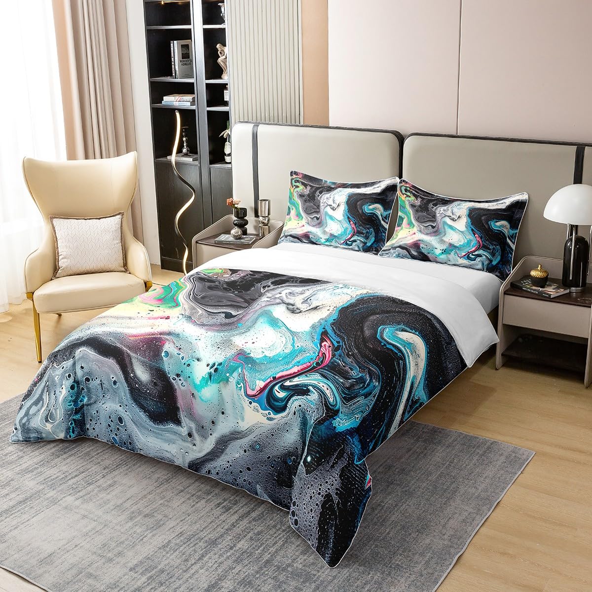 Erosebridal 100% Natural Cotton Black Marble Bedding Set King Psychedelic Bedding Black Blue Teal Marble Texture Abstract Soft Breathable Duvet Cover Set for Boys Girls