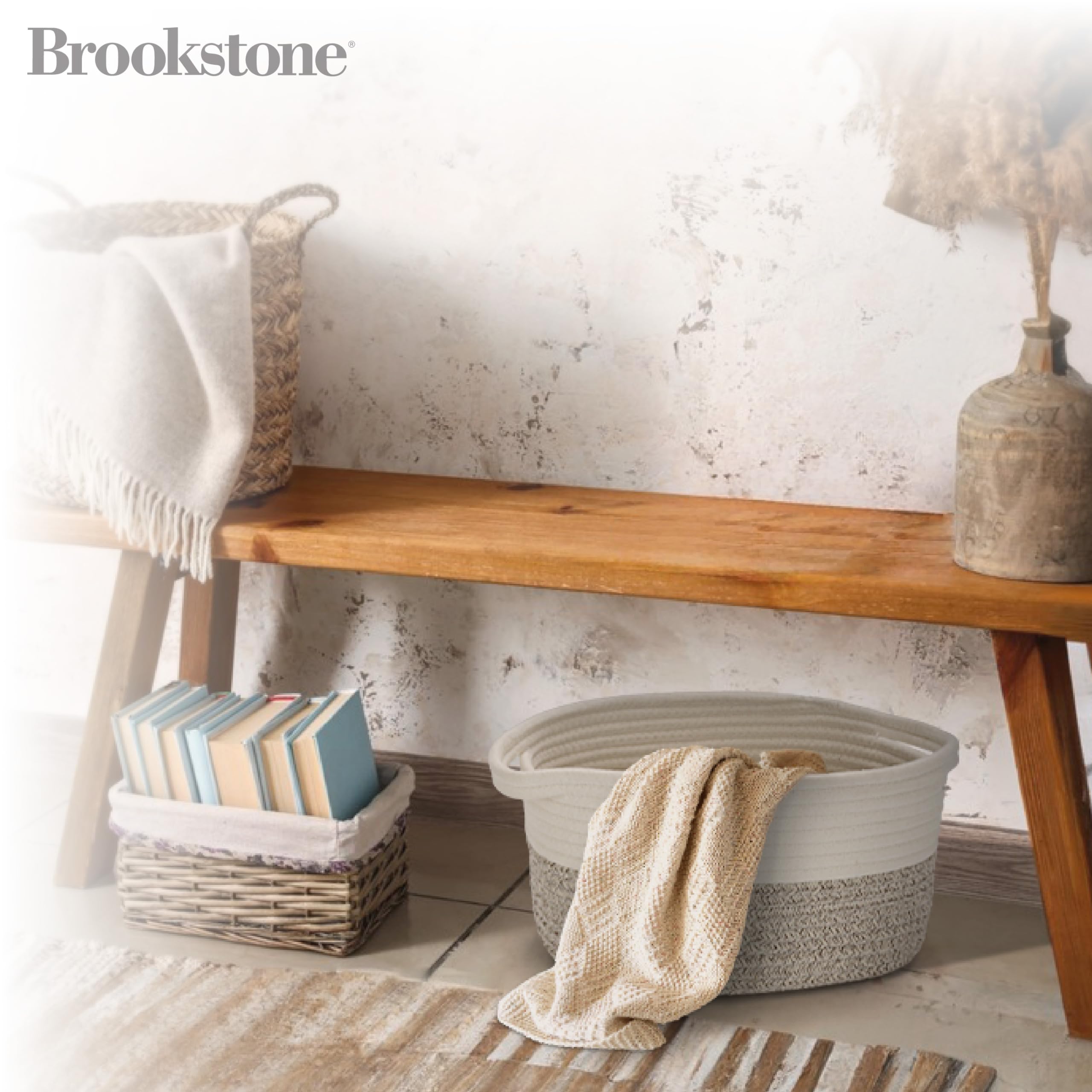 BROOKSTONE, 3 Cotton Rope Storage Baskets, Woven Bin with Handles, Baby Nursery Organizer, Suitable for Any Décor Style