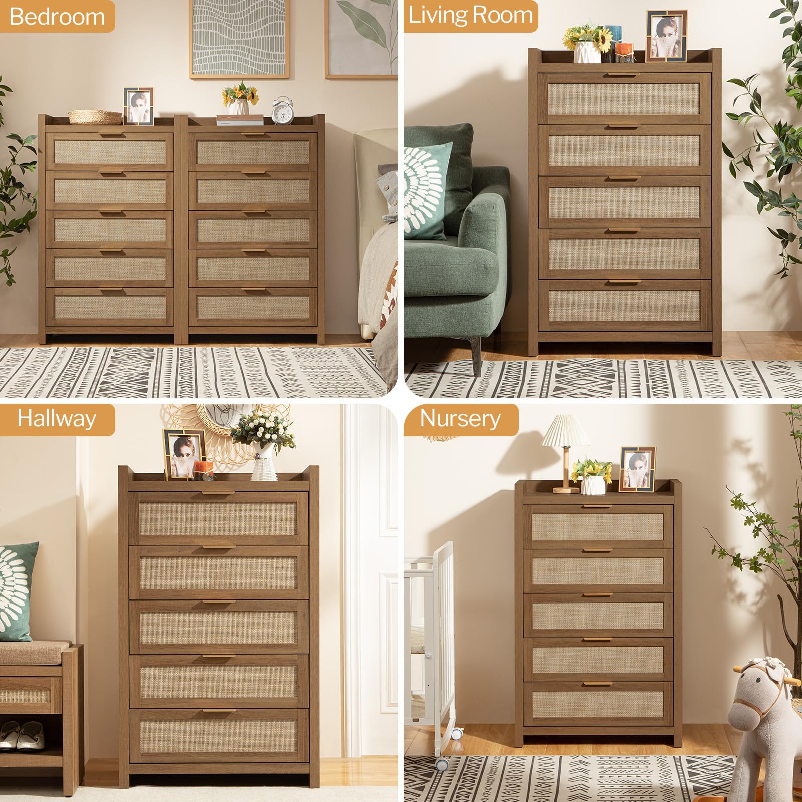 SICOTAS Dresser for Bedroom Chest of Drawers Tall Dresser with 5 Rattan Drawers Wood Dresser for Closet Boho Clothes Storage Tower Large Nightstand Sets for Living Room Hallway Nursery Entryway