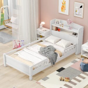 bestlm wood twin size platform bed with built-in led light, storage headboard and safety guardrail for kids teens boys girls, no box spring needed, white