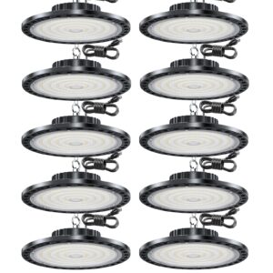 xinghuanlit ufo led high bay light 10 pack, 100w 15000lm high bay led lights 6500k with 6.65ft plug, high bay led shop lights ip65, commercial bay lighting ac 85-265v for garage workshop warehouse